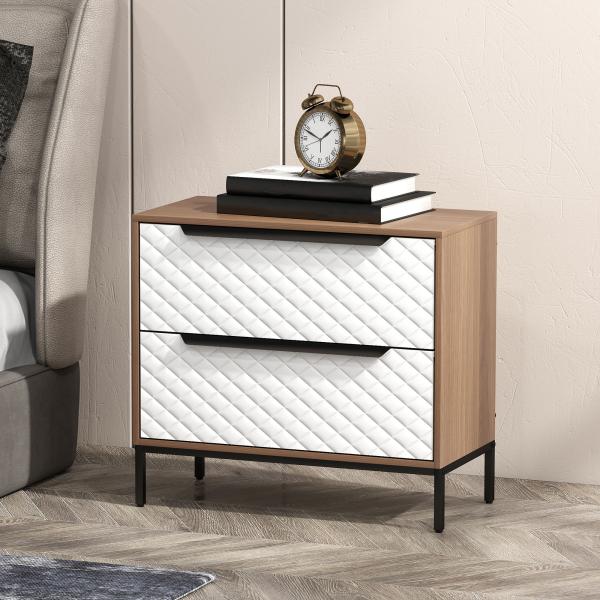 Cómoda com 2 Gavetas de Tecido Frentes com Padrão de Diamante Móvel de Arrumação 59,5x30x54 cm Madeira e Branco