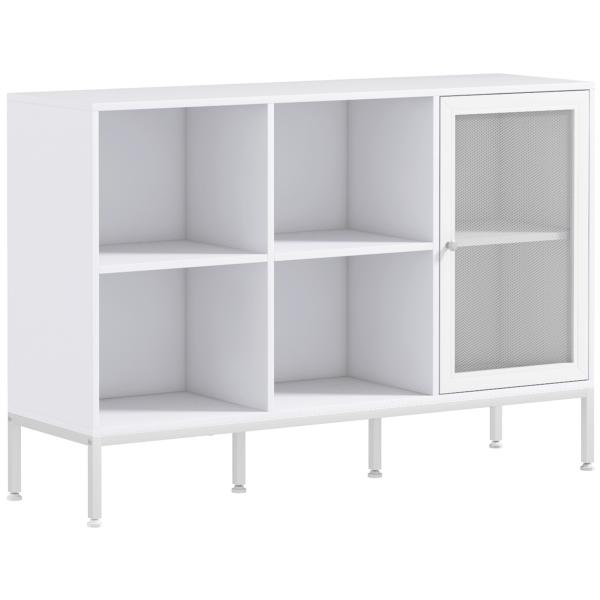 Aparador de Cozinha com Porta de Malha 4 Compartimentos Abertos e Estante Ajustável para Sala 120x37x81,5 cm Branco