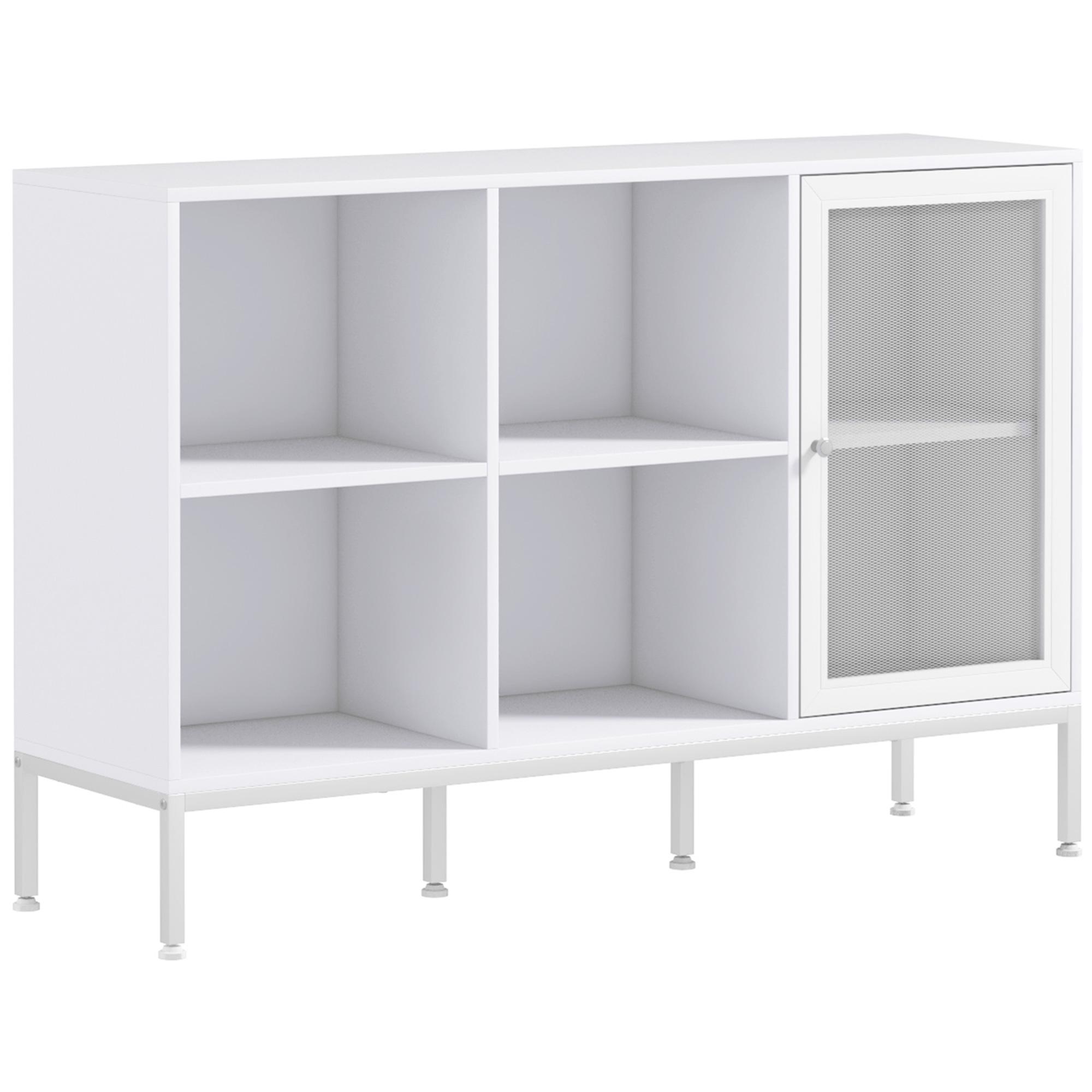 Aparador de Cozinha com Porta de Malha 4 Compartimentos Abertos e Estante Ajustável para Sala 120x37x81,5 cm Branco