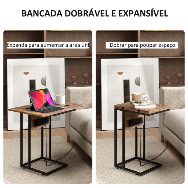Mesa Auxiliar para Sofá com Tampo Dobrável Estação de Carga e Pés Ajustáveis para Espaços Pequenos Madeira
