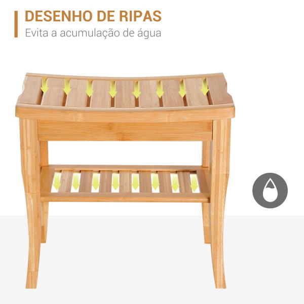 Banco para Casa de Banho de Bambu com Prateleira de Arrumação Antiderrapante Impermeável e Resistente 47,5x26x44,5 cm Madeira