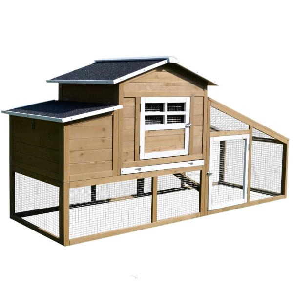 Galinheiro de Madeira Exterior Gaiola para 2 - 4 Galinhas com Grade de Arame Tetos Asfálticos Ninho Bandeja Removível Rampa e Zona Aberta 200x80x105cm Natural e Preto
