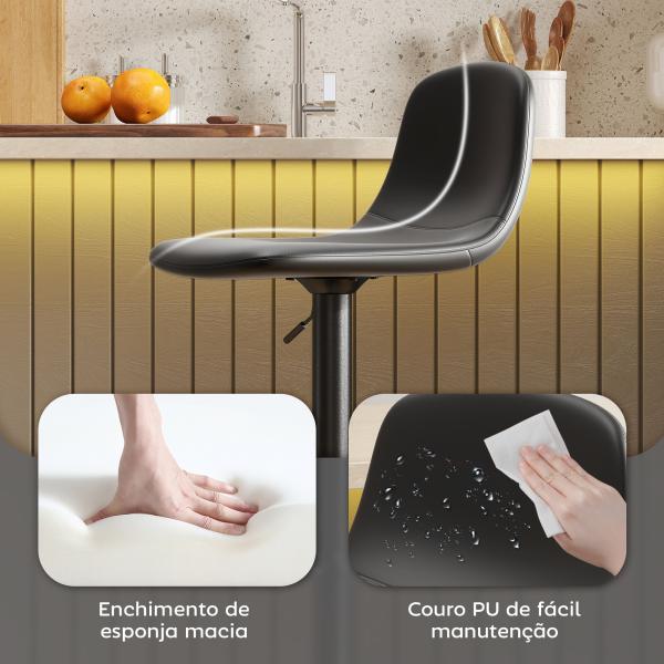 2 Bancos de Bar Reguláveis em Altura 84 - 104 cm com Encosto e Apoio para os Pés Estofadas em PU Giratórias em 360° Preto