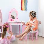 Toucador Infantil de Madeira com Banco Espelho e Gaveta Mesa de Maquilhagem para Crianças entre 3 - 6 Anos 50x36,5x89,5cm Rosa