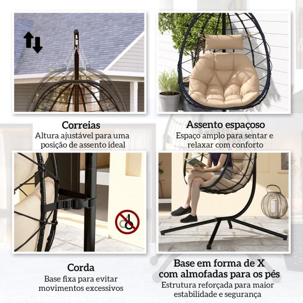Cadeira Suspensa com Suporte Baloiço Jardim com Cesto Dobrável Almofada e Apoio de Cabeça 98x95x198 cm Caqui