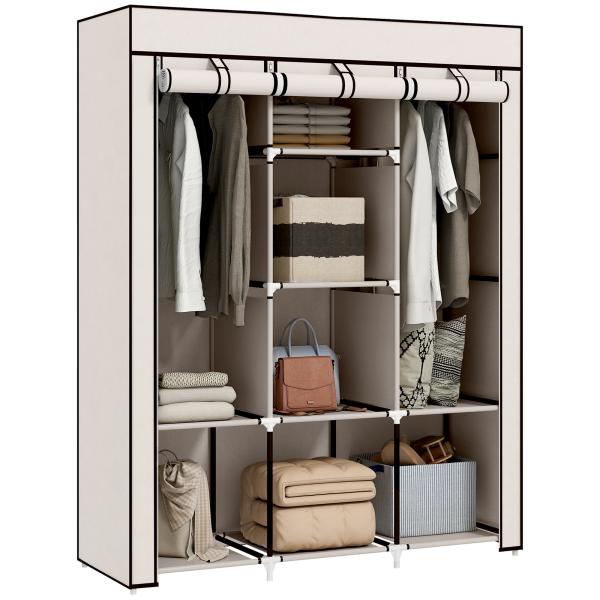 Roupeiro de Tecido Dobrável com 8 Prateleiras de Armazenamento e 2 Barras de Pendurar 125x43x162,5cm Creme