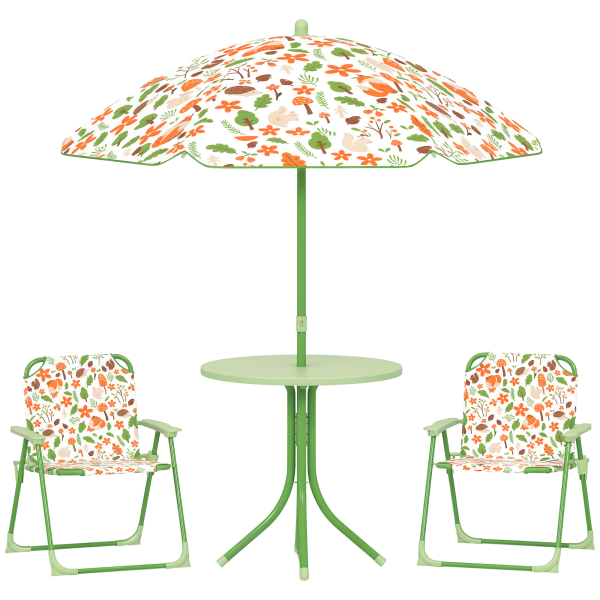 Conjunto de Mesa e Cadeiras para Crianças de Jardim com Cadeiras Dobráveis Chapéu de Sol Ajustável e Desenho de Raposas Verde