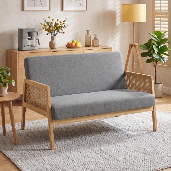 Sofá de 2 Lugares com Efeito Linho Detalhes em Vime Sintético e Estrutura em Madeira até 240 kg 115x77x77 cm Cinza