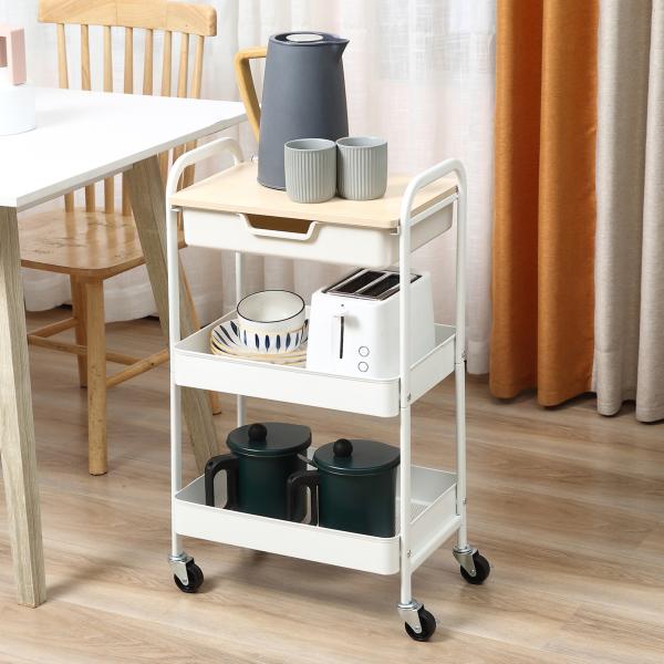 Carrinho de Cozinha com Rodas Carrinho de Armazenamento com Gaveta 2 Prateleiras e Rodas com Freios para Casa de Banho Sala de Estar Dormitório 43,9x30,5x75,6cm Branco e Madeira Natural