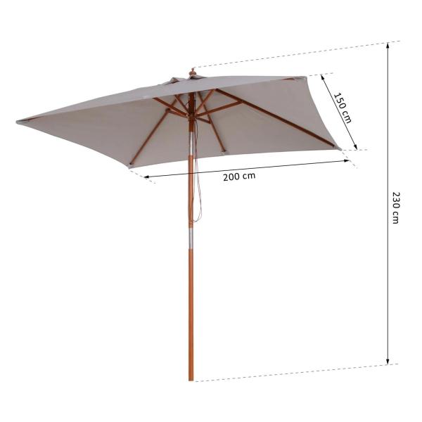 Chapéu de Sol de Jardim 200x150x230cm Chapéu de Sol Retangular Inclinável com Polia Duplo Teto e Mastro Desmontável de Madeira para Terraço Pátio Cinza