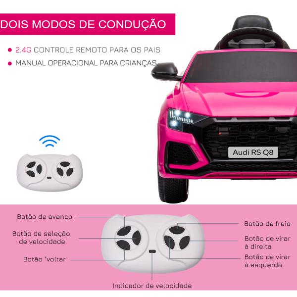 Carro Elétrico Infantil para 3 - 5 anos Licença Audi RS Q8 com Bateria 6V Controle a Distância Música MP3 Buzina e Luzes Velocidade Máx. 3km/h 101x62x51cm Rosa