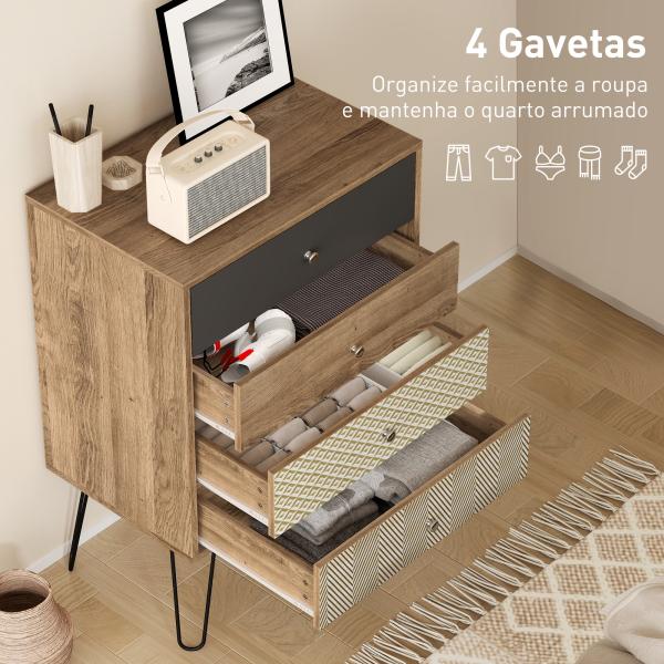 Cómoda 4 Gavetas Cómoda para Quarto com Pés em Forma de V de Aço Estilo Boémio 60x39x86 cm Multicor