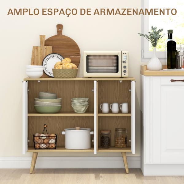 Aparador de Cozinha Moderno com Prateleiras Ajustáveis 2 Armários e Anti - Tombo 91,5x35x77,4 cm Branco e Madeira