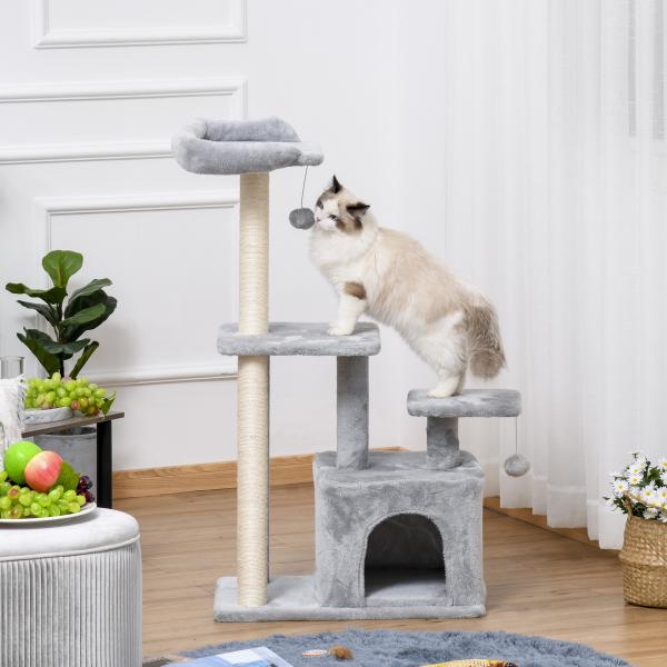 Arranhador para Gatos Altura 114 cm com Postes de Sisal 3 Plataformas Caverna e 2 Bolas Suspensas Cinza Claro