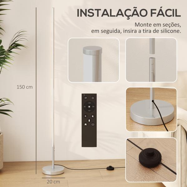Candeeiro de Pé Moderno com Brilho e Temperaturas de Cor Ajustáveis 3000K - 6000K Controlo Remoto Temporizador Ø20x150 cm Prata