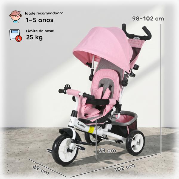 Triciclo para Bebés Evolutivo com Capota Dobrável Guiador Telescópico e Removível Bolsa e Porta - Garrafas 102x49x102 cm Rosa