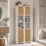Coluna Casa de Banho Móvel Auxiliar Casa de Banho com Prateleiras Ajustáveis e Portas de Bambu 35x30x170 cm Branco e Madeira