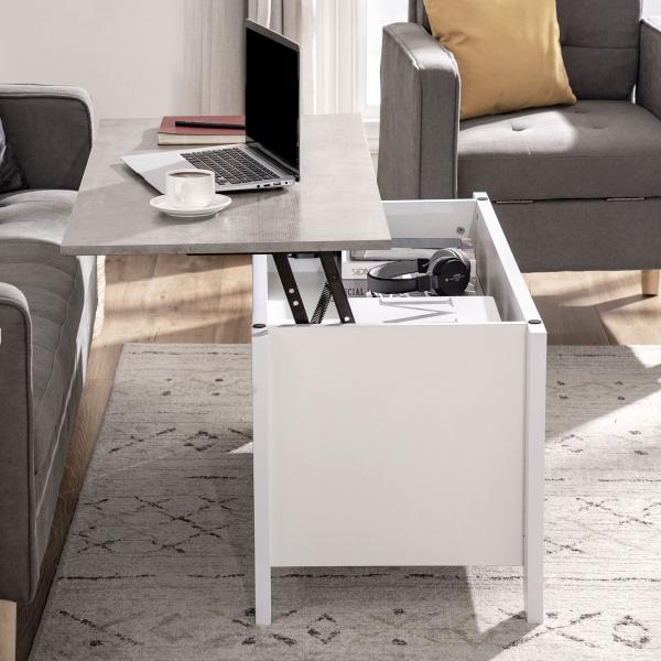 Mesa de Centro com Bancada Elevável Mesa de Centro com 2 Compartimentos Abertos Bancada de Imitação a Mármore Mesa Retangular para Sala de Estar 105x50x49cm Branco