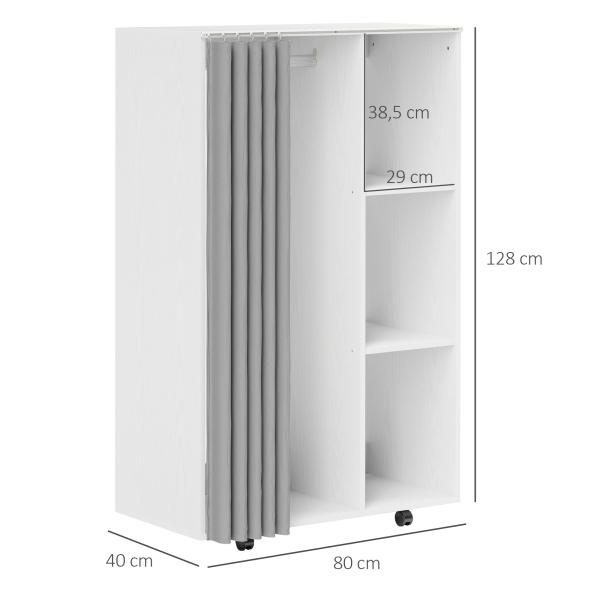 Roupeiro com Rodas, Cortina, Barra para Pendurar Roupa e 3 Prateleiras Abertas para Quarto, 80x40x128 cm, Branco