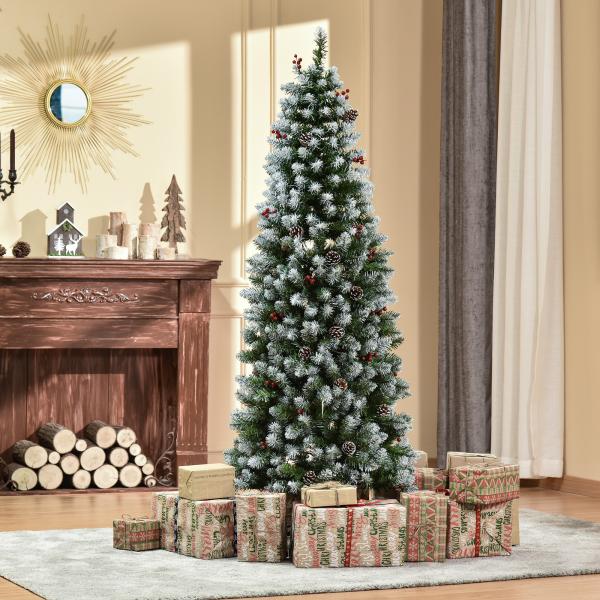 Árvore de Natal Nevada Artificial 180cm com 300 Luzes LED Branco Quente 618 Ramos Ignífugos de PVC Decorações Incluidadas e Base Dobrável Ø65x180cm Verde