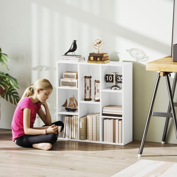 Estante de 3 Níveis Estante para Livros com 8 Compartimentos Desenho Vertical ou Horizontal 74,3x24x80 cm Branco
