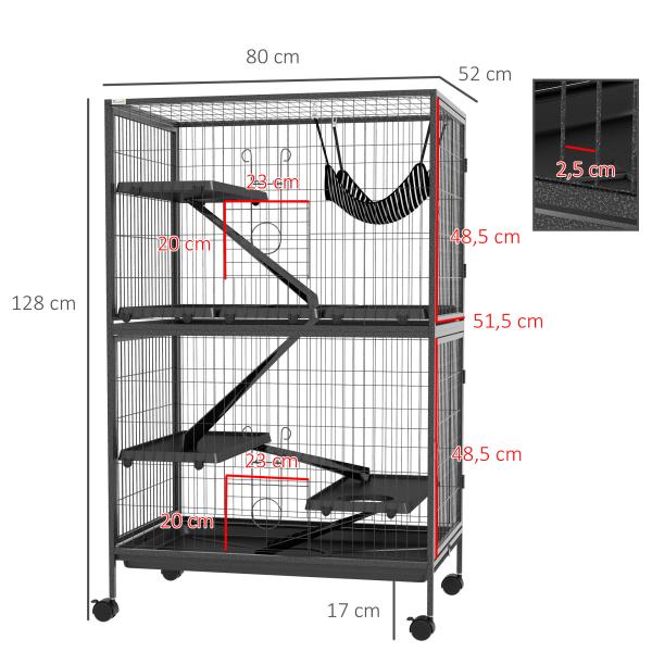 Gaiola para Roedores 80x52x128 cm Casa de 4 Alturas com Rampas Suspensa Rede Bandeja Removível Rodas Cinza Escuro