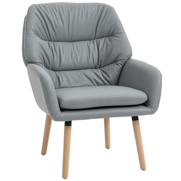Poltrona de Sala de Estar Moderna Acolchoada de Dupla Camada Estofada em Couro Sintético Pés de Madeira 68x74x89 cm Cinza