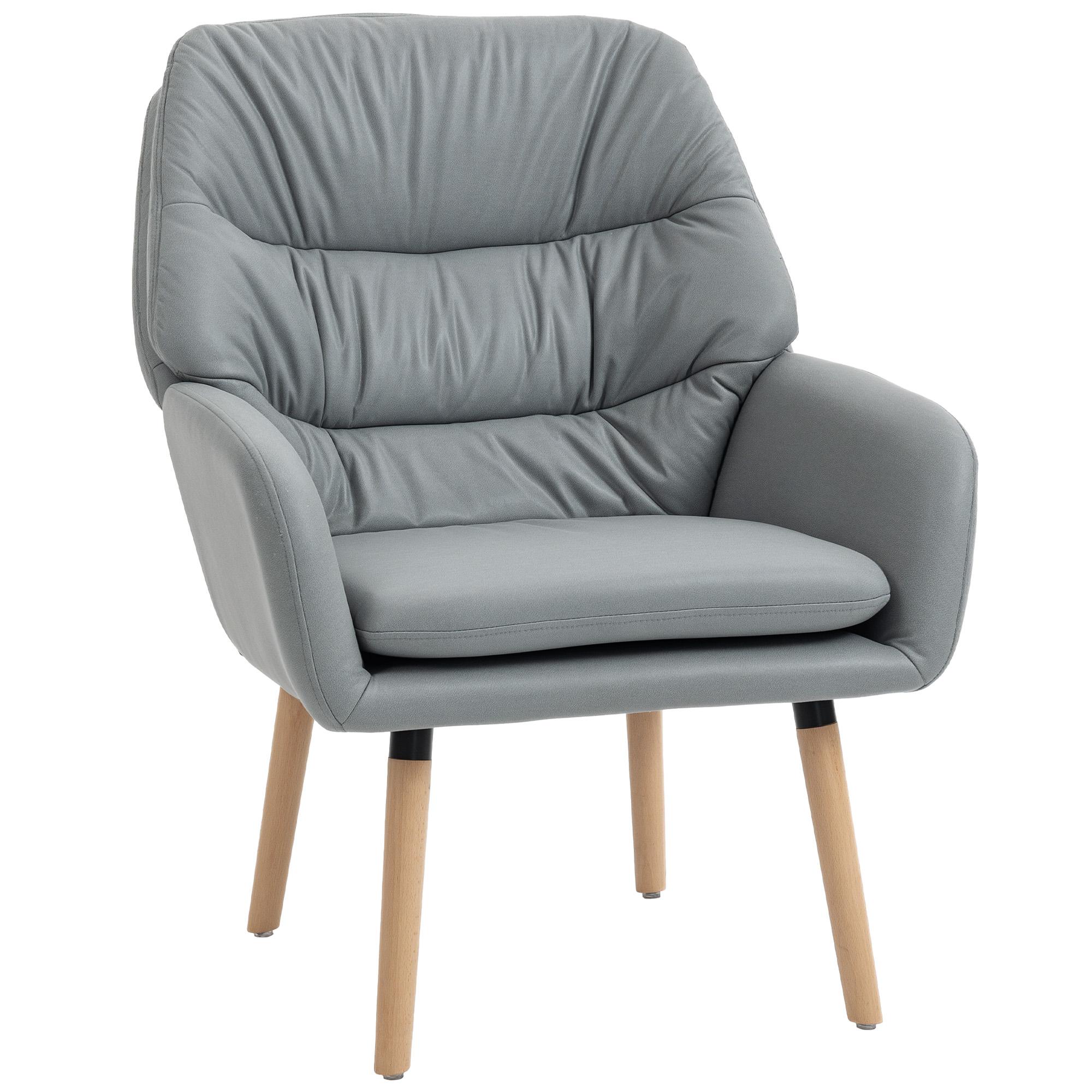 Poltrona de Sala de Estar Moderna Acolchoada de Dupla Camada Estofada em Couro Sintético Pés de Madeira 68x74x89 cm Cinza