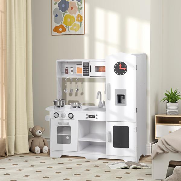 Cozinha de Madeira para Crianças com Fogão Lavatório Micro - Ondas Relógio Máquina de Gelo e Acessórios 100,5x41x110 cm Brancp
