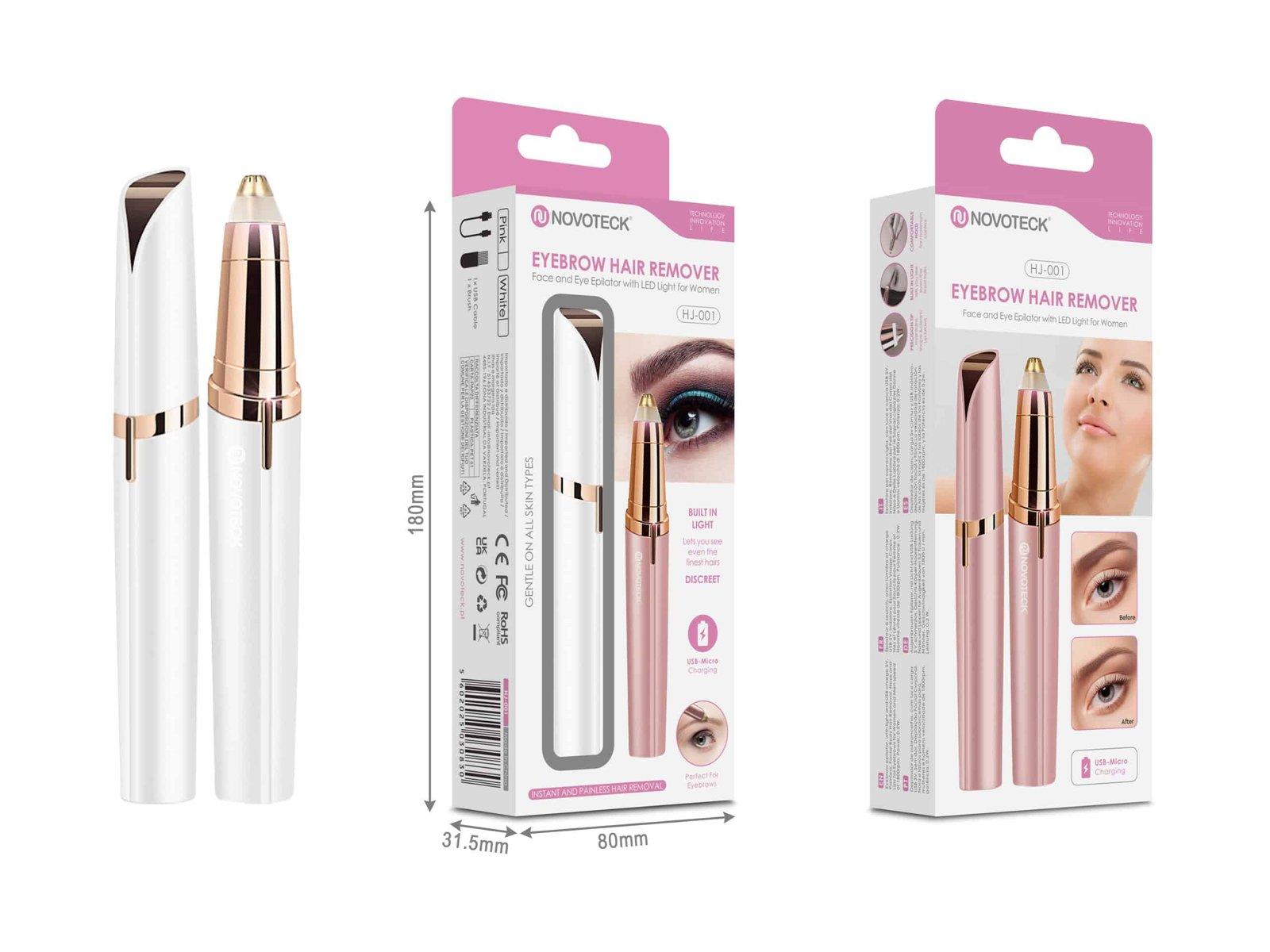 Removedor de Pêlos Faciais Branco Novoteck HJ-001 – Recarregável USB, Com Luz LED, Discreto e Indolor, Ideal para Sobrancelhas