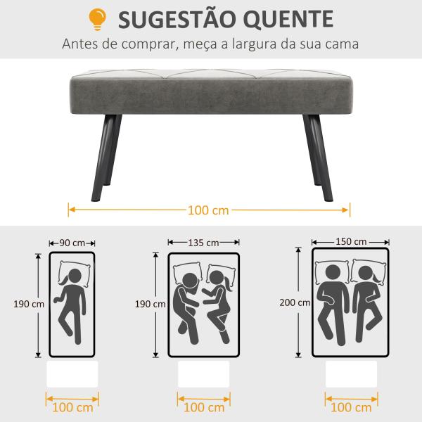 Banco de Pé de Cama Multifuncional e Moderno Banco de Dormitório com Pés de Aço e Assento Acolchoado 100x36x45 cm Cinza