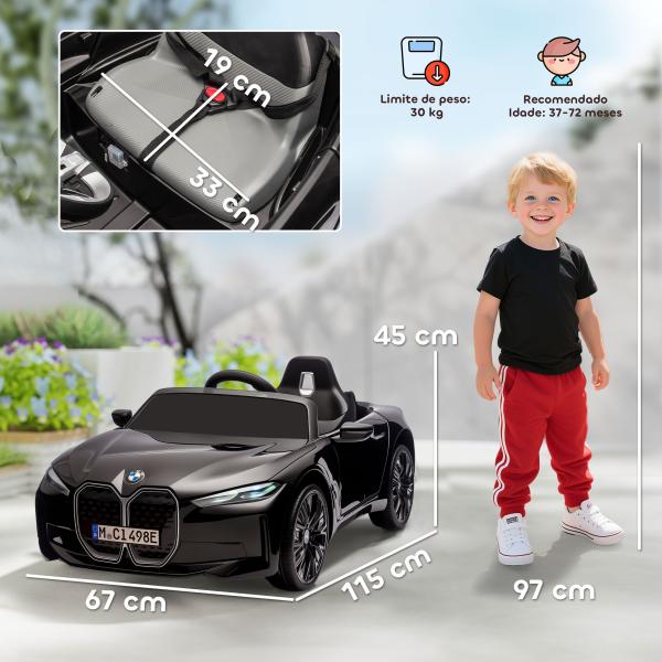 Carro Elétrico para Crianças BMW i4 12V com Controlo Remoto Música MP3 Ecrã Luzes e Cinto de Segurança 115x67x45 cm Preto