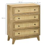 Cómoda com 4 Gavetas Cómoda de Madeira com Gavetas de Vime e Pés Elevados 80x35x95cm Madeira