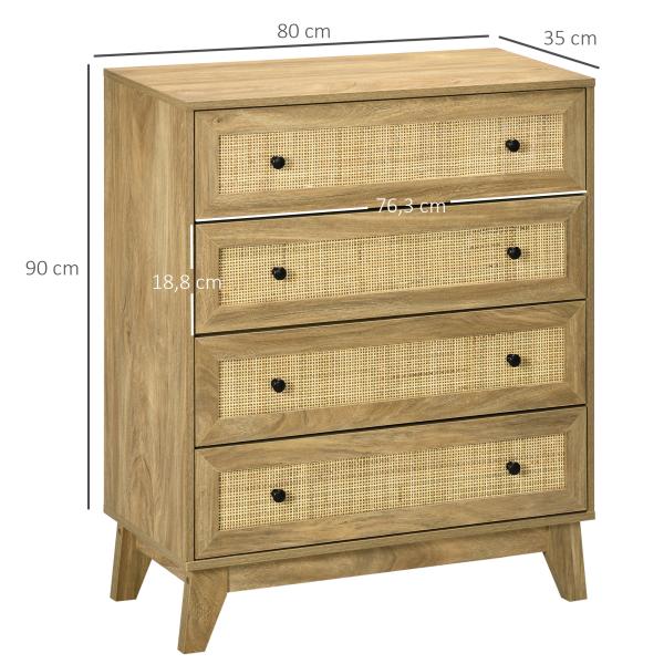 Cómoda com 4 Gavetas Cómoda de Madeira com Gavetas de Vime e Pés Elevados 80x35x95cm Madeira