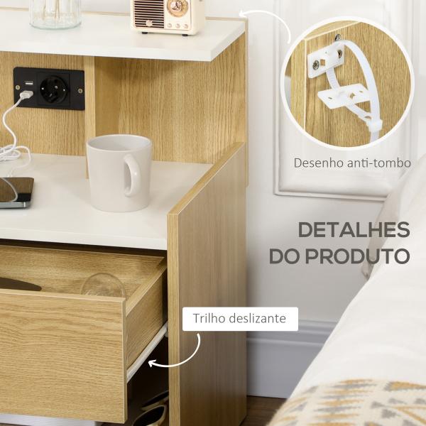 Mesa de Cabeceira Moderna Mesa de Cabeceira com Entrada USB Tomada Elétrica Gaveta e Prateleiras 40x40x60 cm Madeira