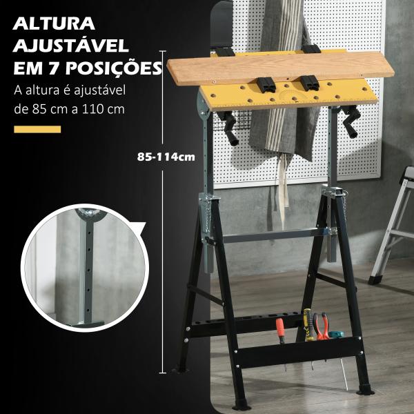 Bancada de trabalho ajustável em altura com 4 pinos giratórios com tabletes ajustáveis em ângulo e distância 65x60,5x85 - 110 cm Madeira natural e preta