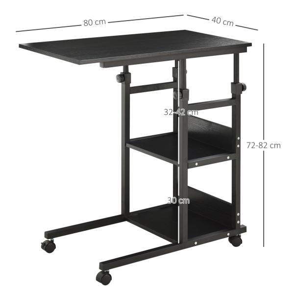 Mesa Lateral para Sofá Mesa lateral em Forma de C com 4 rodas Giratórias Freios Altura Ajustável 3 níveis Estrutura Metálica 80x40x72 - 82cm Preto