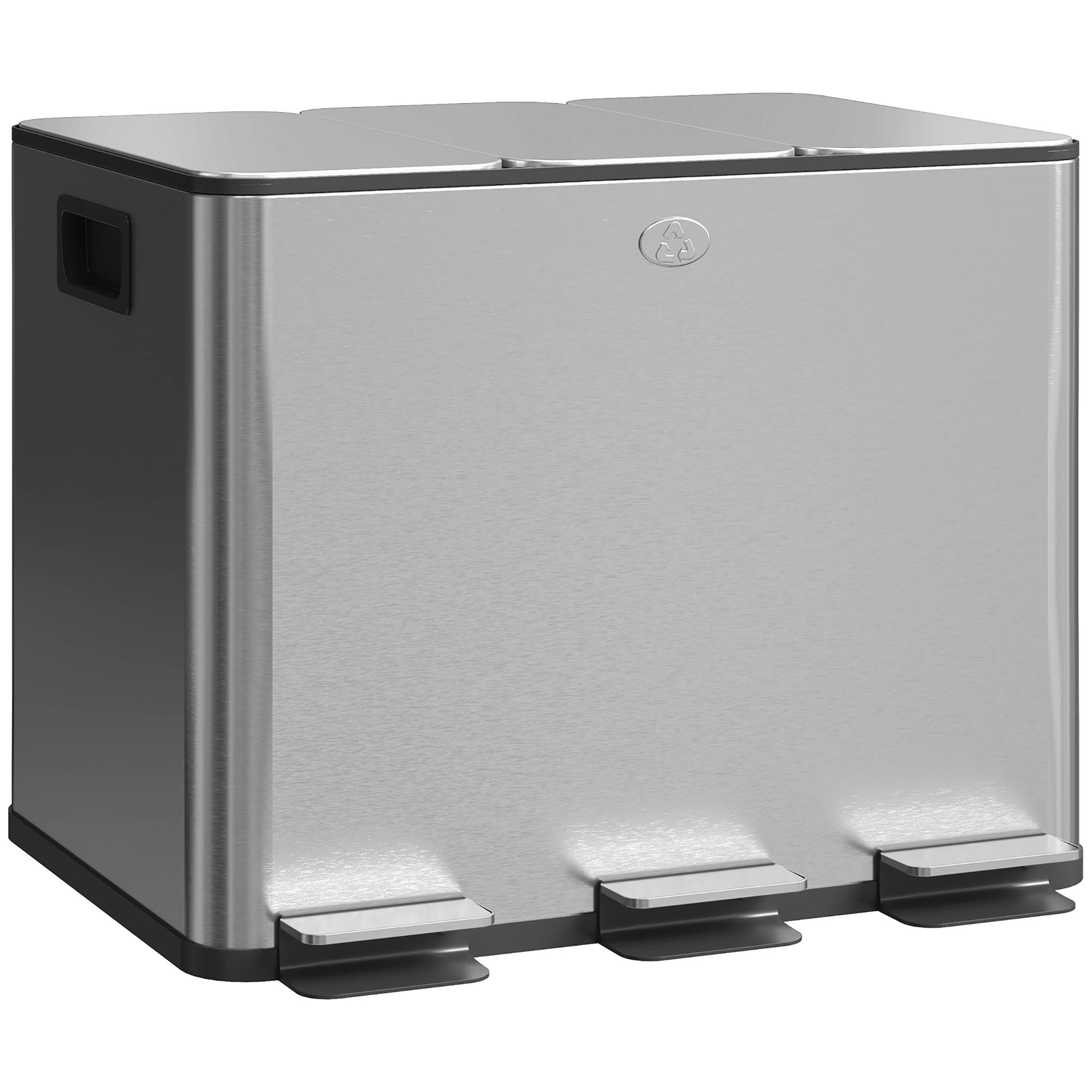 Balde de Lixo de Cozinha com 3 Compartimentos 3x10L com Pedais Tampas com Fechamento Suave e Cubo Amovível 49,6x34,5x38,6 cm Prata
