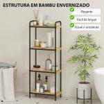 Estante de Casa de Banho de Bambu de 3 Níveis Estante de Armazenamento com 3 Prateleiras Ripas e Estrutura de Aço 41,5x21,5x106 cm Madeira e Preto