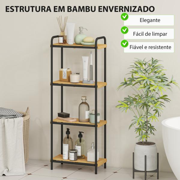 Estante de Casa de Banho de Bambu de 3 Níveis Estante de Armazenamento com 3 Prateleiras Ripas e Estrutura de Aço 41,5x21,5x106 cm Madeira e Preto