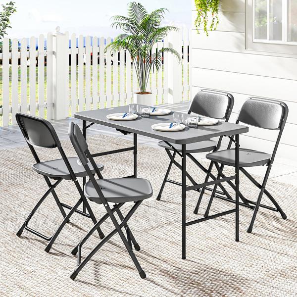 Conjunto de Mesa e Cadeiras de Jardim com Mesa Dobrável Ajustável de 55 a 74 cm e 4 Cadeiras Dobráveis para Terraço Cinzento