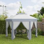 Tenda Dobrável 4x3,4 m Tenda de Jardim Hexagonal com Duplo Tecto 6 Mosquiteiras Destacáveis e Saco de Transporte Cinzento