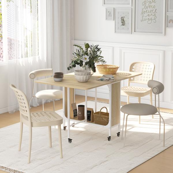 Mesa de Cozinha Dobrável Mesa de Refeição Dobrável com Rodas Laterais Abatíveis e Prateleira 130x80x74 cm Madeira e Branco