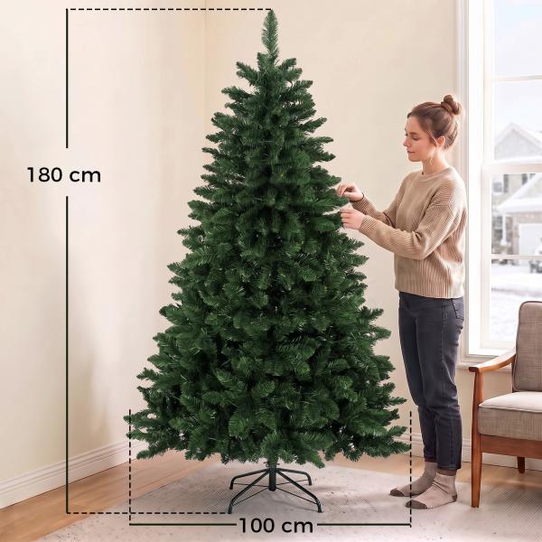 Árvore de Natal 180 cm com 250 Luzes LED, 11 Modos, Comando à Distância, 800 Pontas e Base Dobrável em Aço, Verde