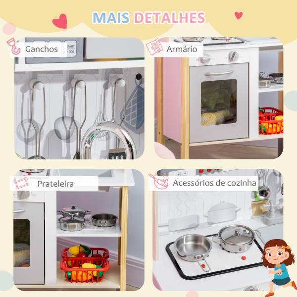 Cozinha Infantil de Madeira Cozinha para Crianças acima de 3 Anos com Altura Ajustável Luz Sons 60x30,5x93,2cm Branco e Cinza