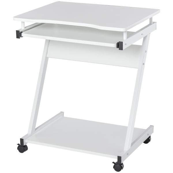 Mesa de Computador com Rodas 60x48 cm com Gaveta Deslizante para Teclado e Prateleira Inferior Estrutura Metálica Branca