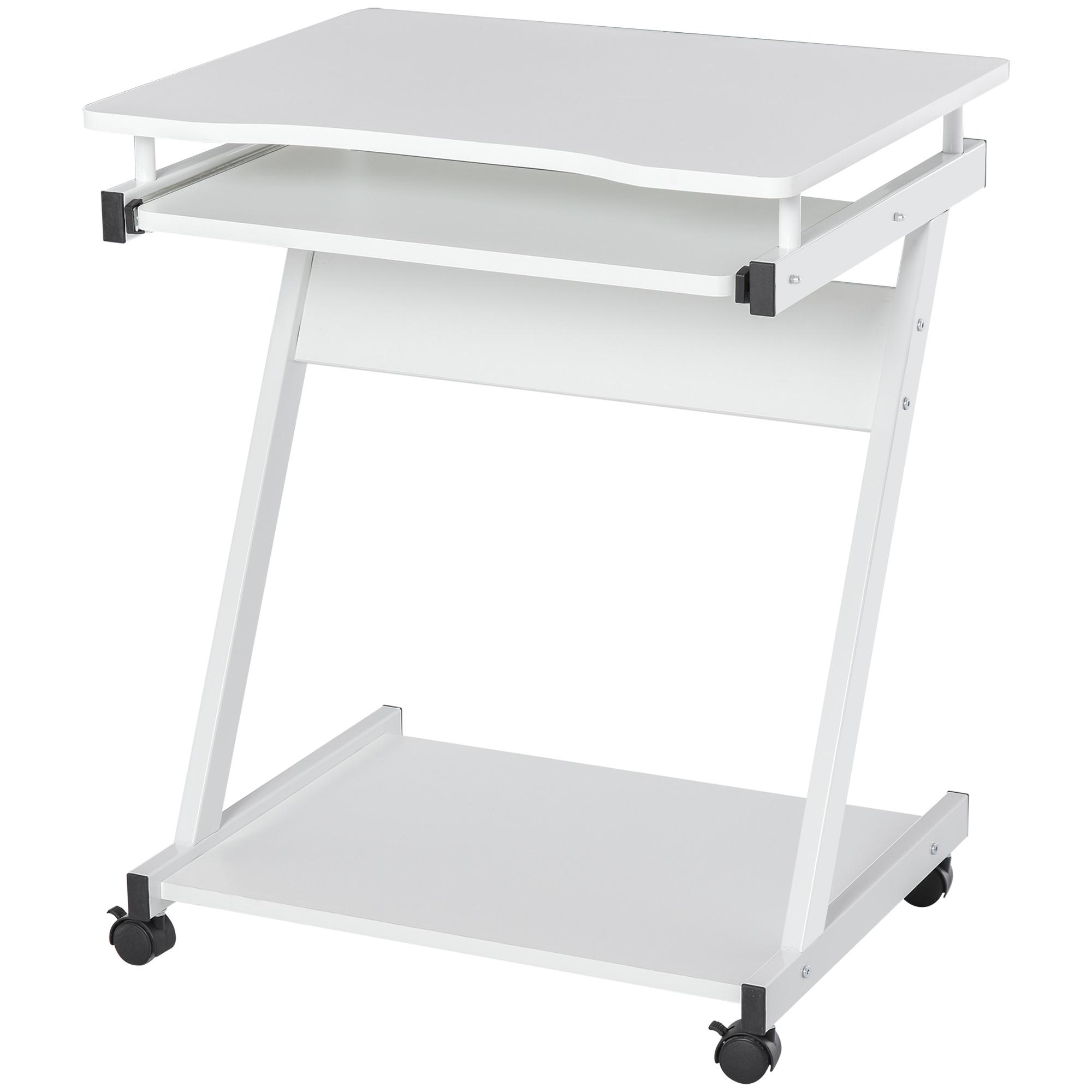 Mesa de Computador com Rodas 60x48 cm com Gaveta Deslizante para Teclado e Prateleira Inferior Estrutura Metálica Branca