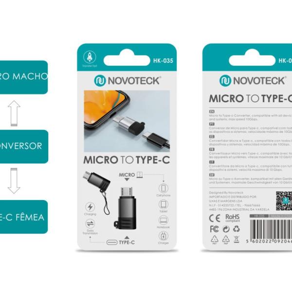 Adaptador NOVOTECK HK-035 de Micro USB para Type-C - Conexão Rápida e Versátil para a Nova Geração de Dispositivos"