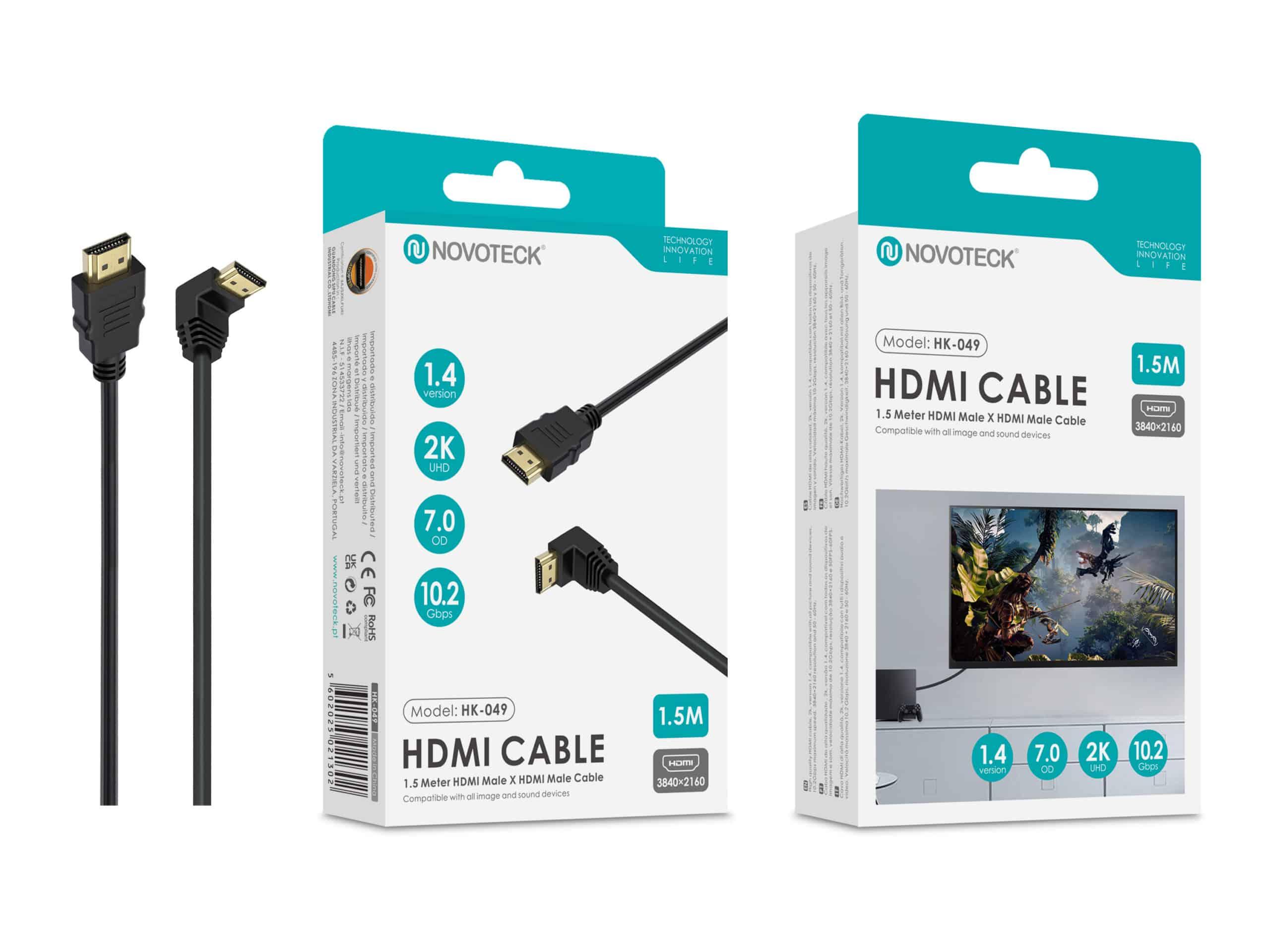 Cabo HDMI 1.5M Novoteck HK - 049 com Ângulo de 90° – Versão 1.4, Suporte 2K UHD, 10.2Gbps