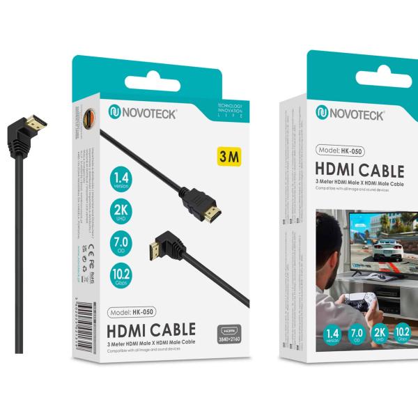 Cabo HDMI 3M Novoteck HK - 050 com Ângulo de 90° – Versão 1.4, Suporte 2K UHD, 10.2Gbps Copy